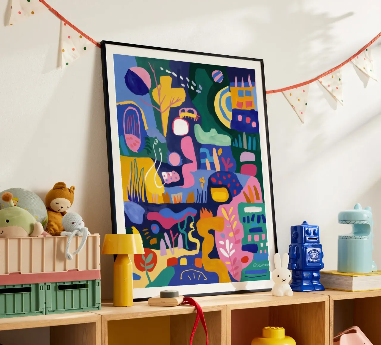 Fiesta astratta del villaggio poster con telaio in alluminio da Orchid Patina