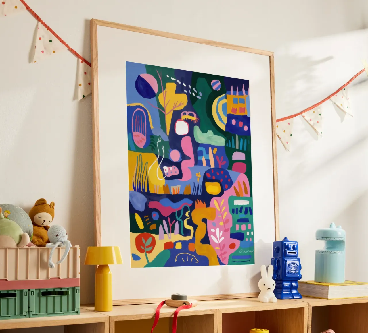 Fiesta astratta del villaggio poster con telaio in alluminio da Orchid Patina