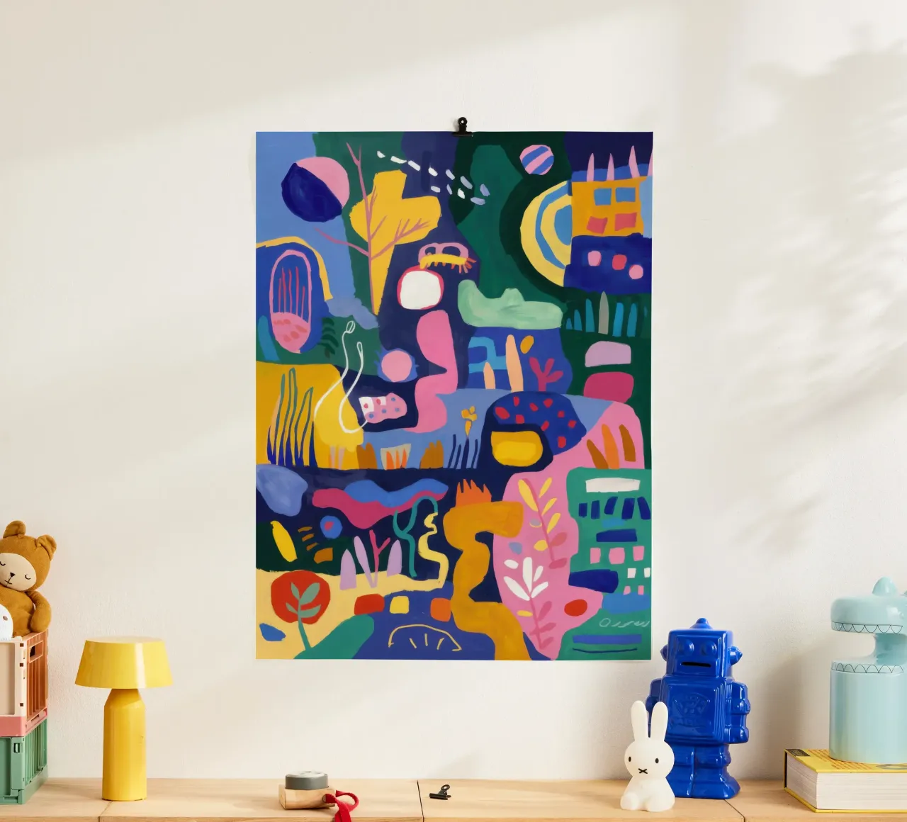 Fiesta astratta del villaggio poster con telaio in alluminio da Orchid Patina