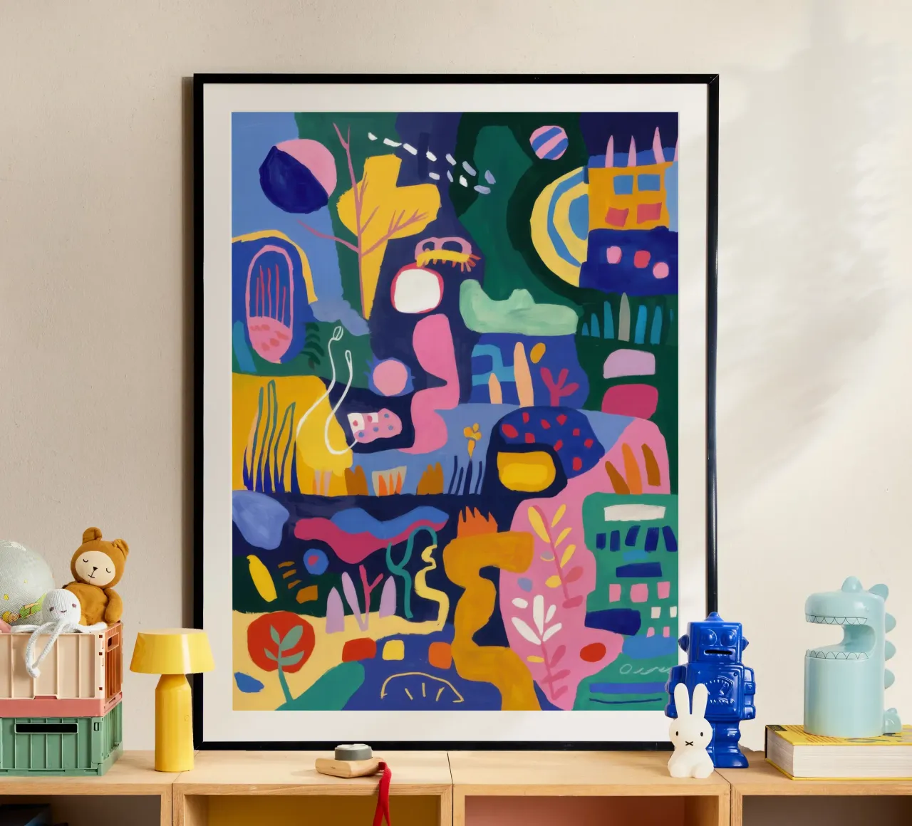 Fiesta astratta del villaggio poster con telaio in alluminio da Orchid Patina
