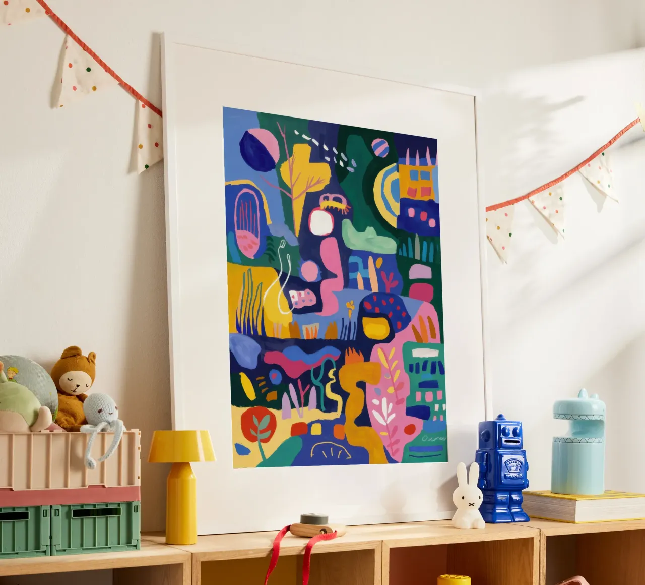 Fiesta astratta del villaggio poster con telaio in alluminio da Orchid Patina