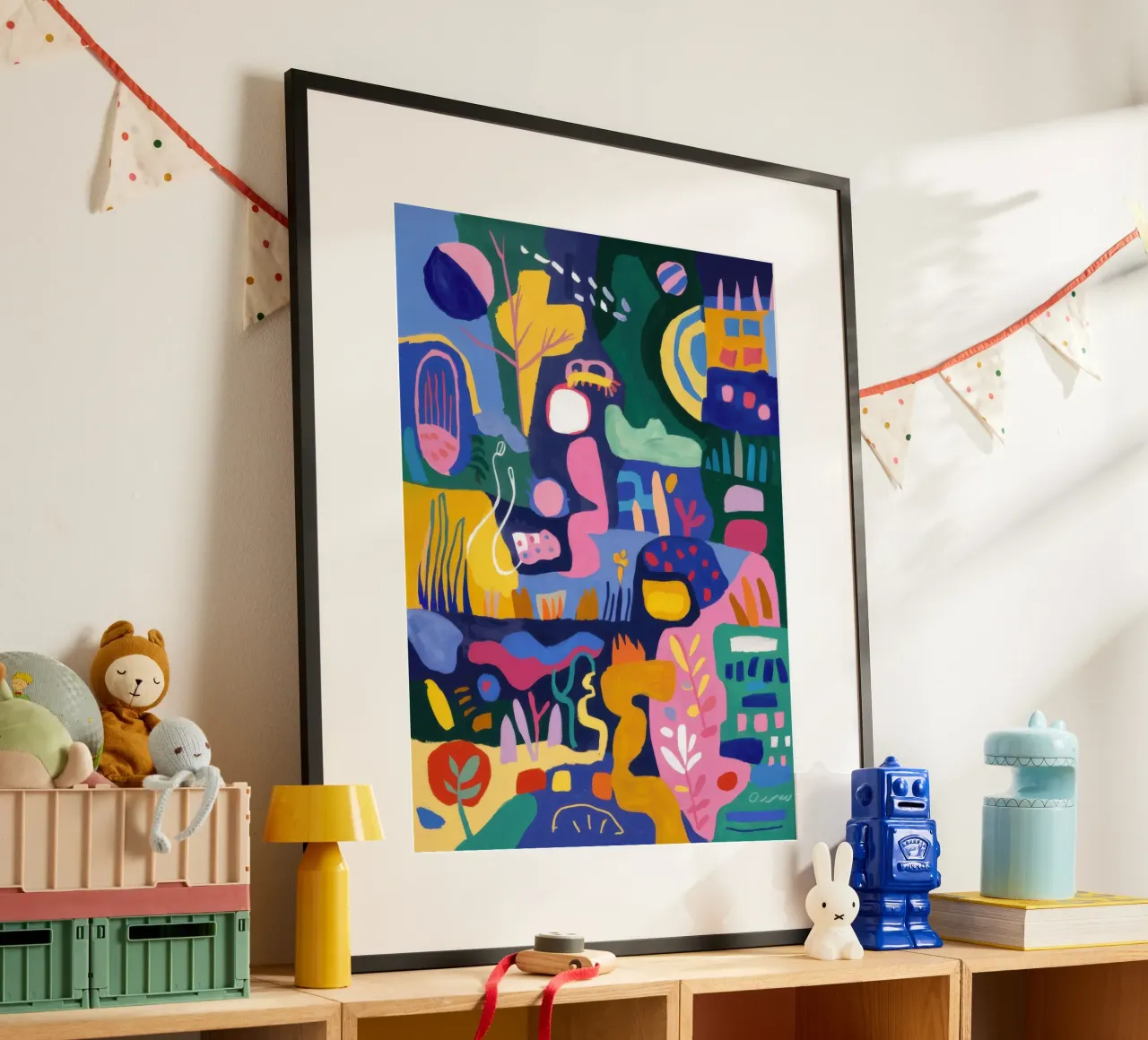 Fiesta astratta del villaggio poster con telaio in alluminio da Orchid Patina