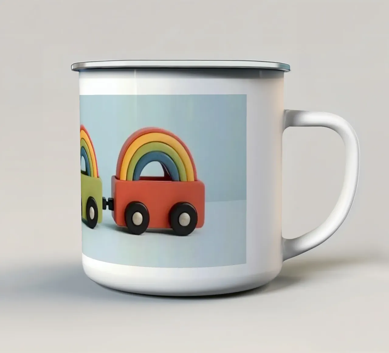 Simpatico trenino giocattolo con archi arcobaleno tazza in smalto da DesignDoodle