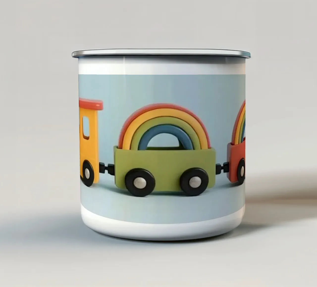 Simpatico trenino giocattolo con archi arcobaleno tazza in smalto da DesignDoodle