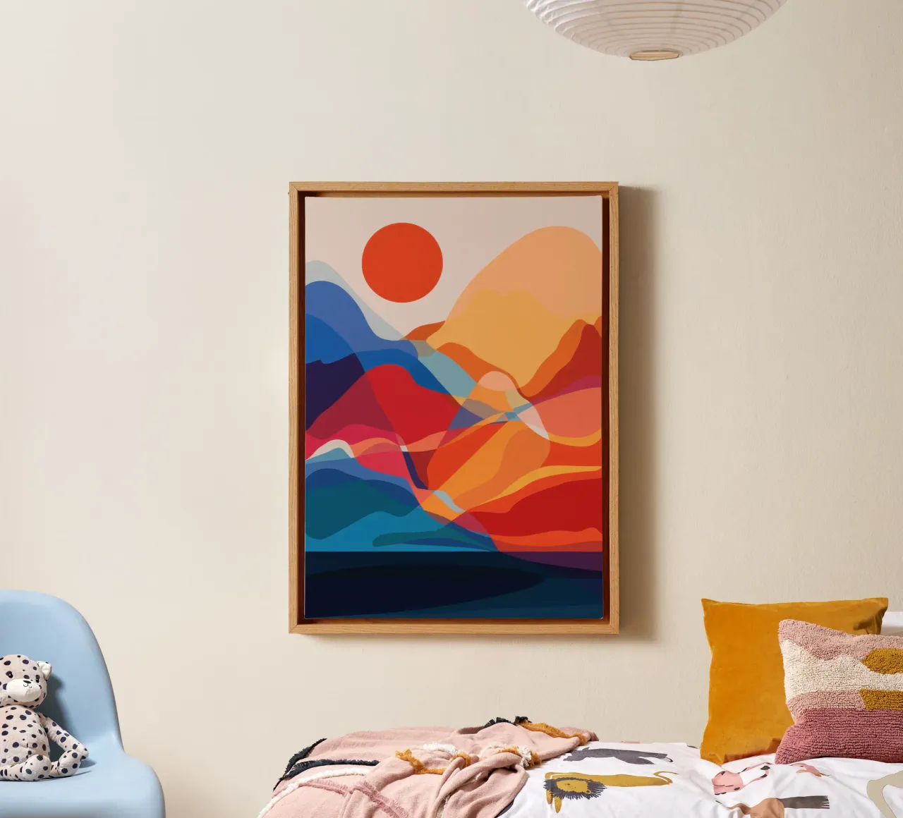 Berg omhelzing zonsondergang canvas met Baklijst van Frame Aura
