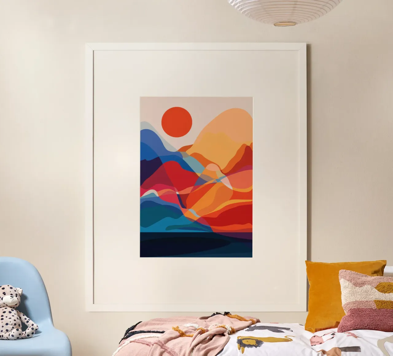 Abbraccio di montagna al tramonto poster con telaio in legno da Frame Aura