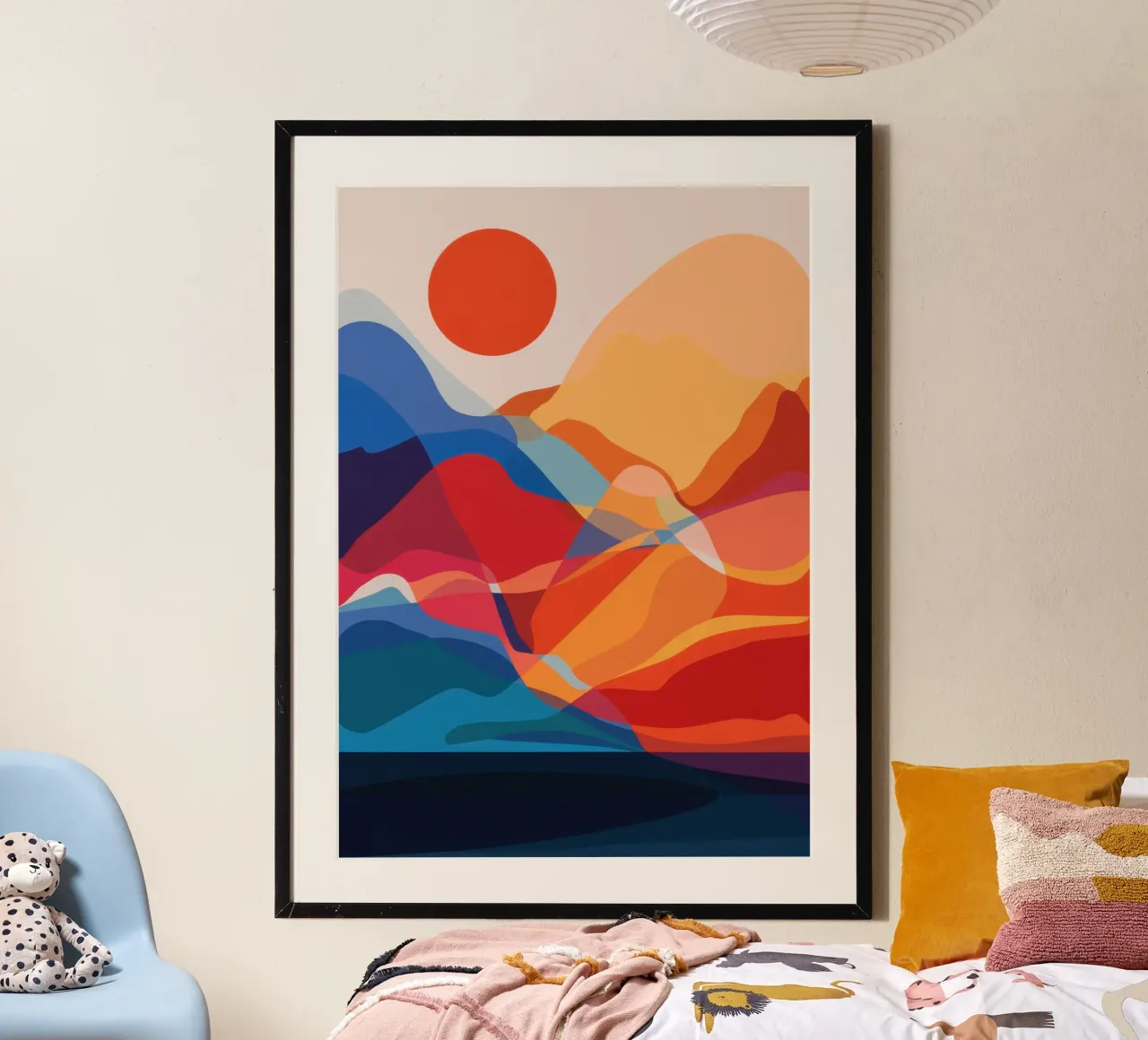 Abbraccio di montagna al tramonto poster con telaio in legno da Frame Aura