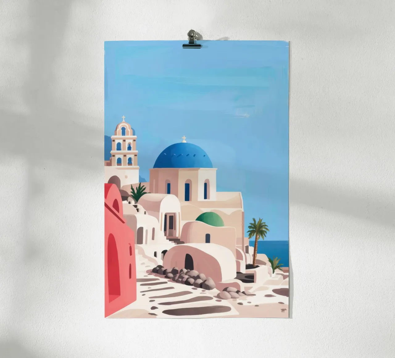 Kapelle am Meer von Santorin Poster von Sure Paint