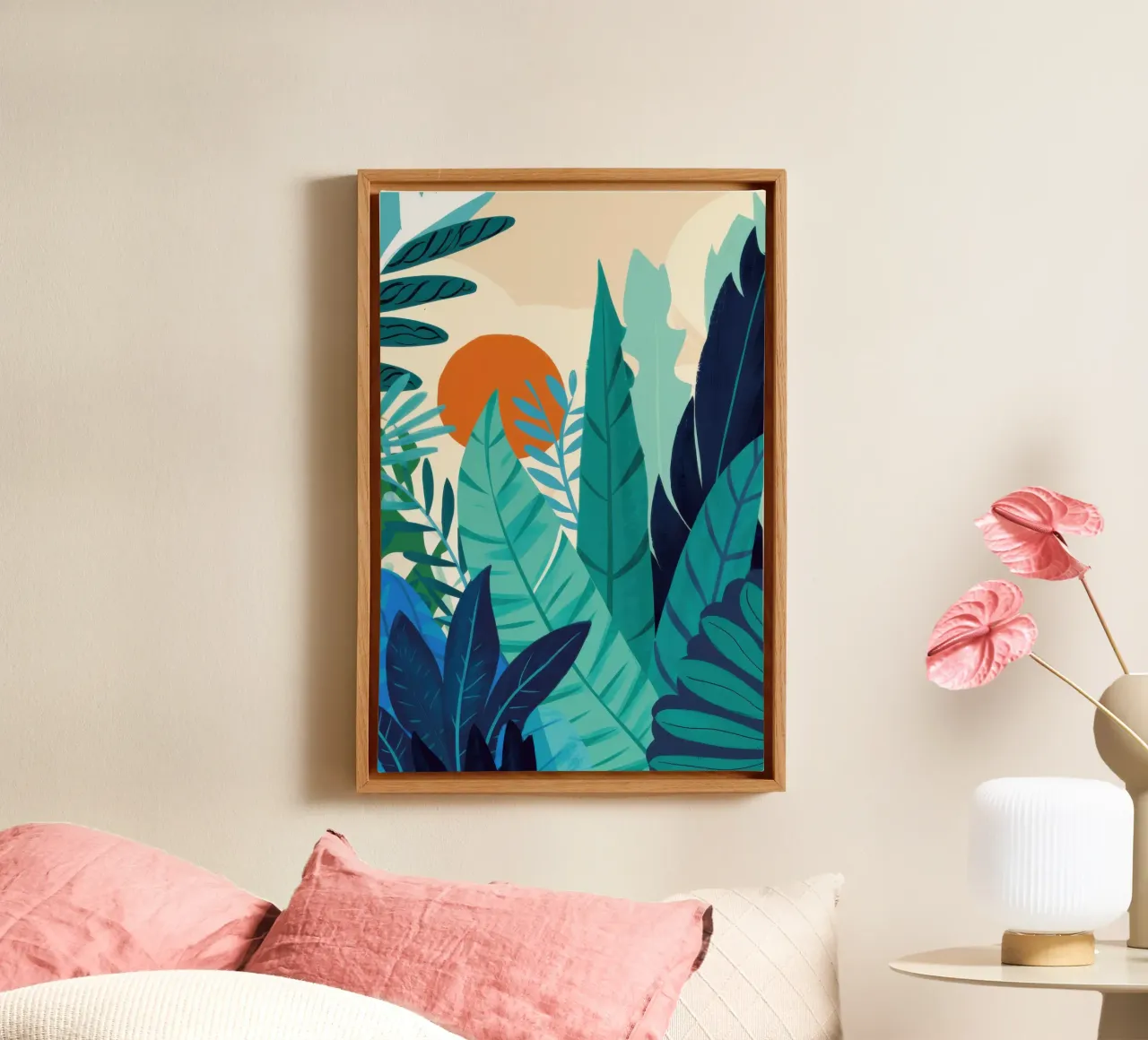 Jungle Zonsondergang Silhouet canvas met Baklijst van Frame Aura