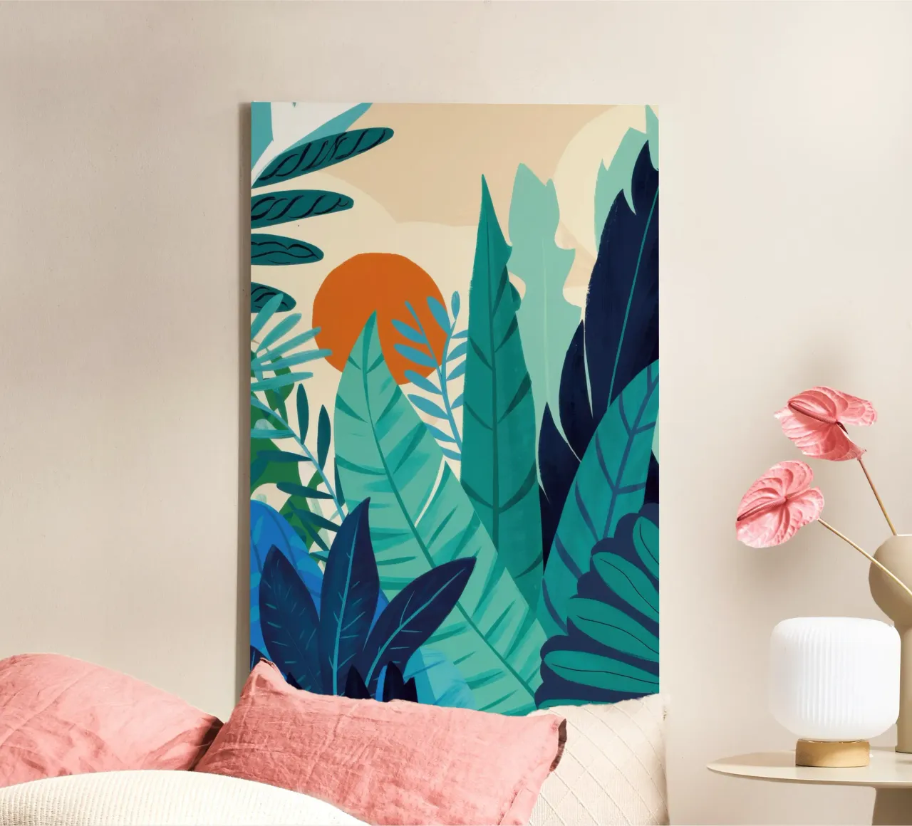 Jungle Zonsondergang Silhouet canvas met Baklijst van Frame Aura