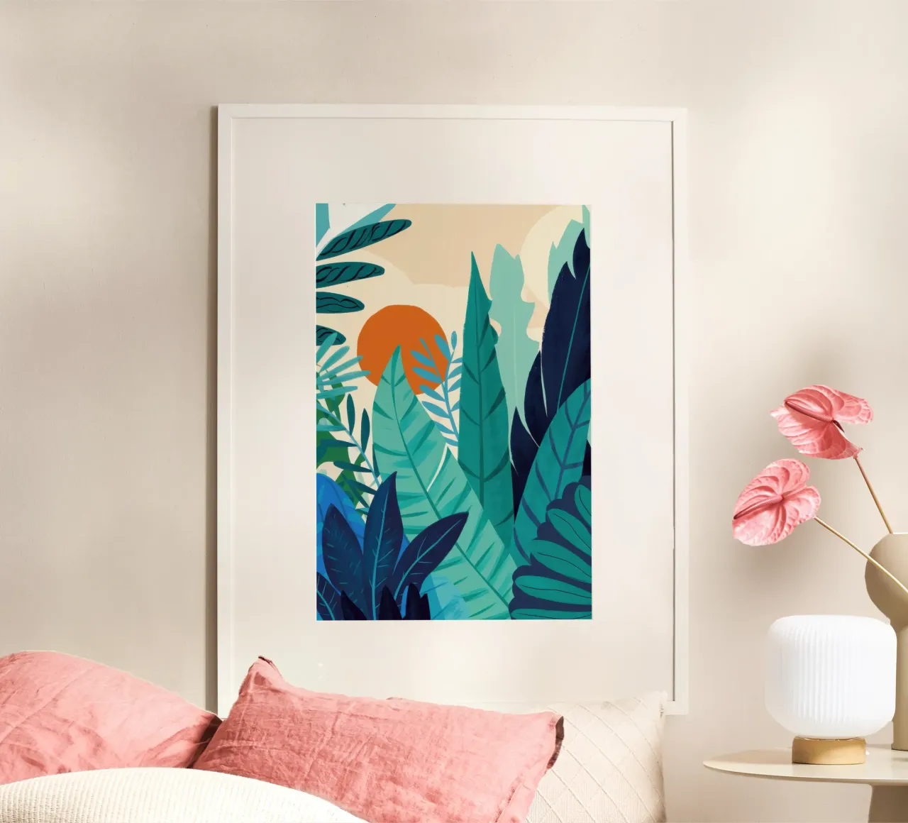 Silhouette del tramonto nella giungla poster con telaio in plastica da Frame Aura
