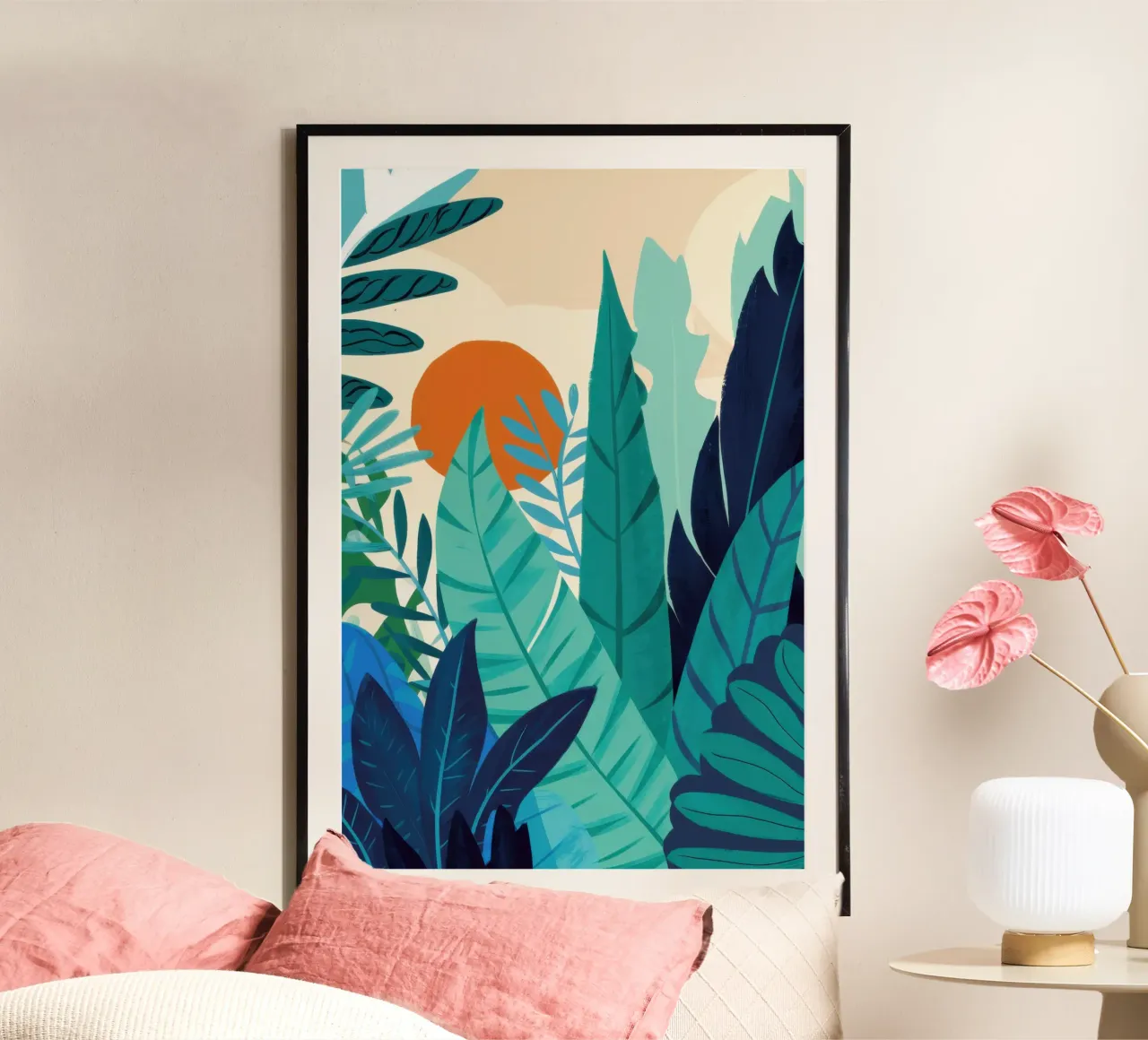 Silhouette del tramonto nella giungla poster con telaio in plastica da Frame Aura