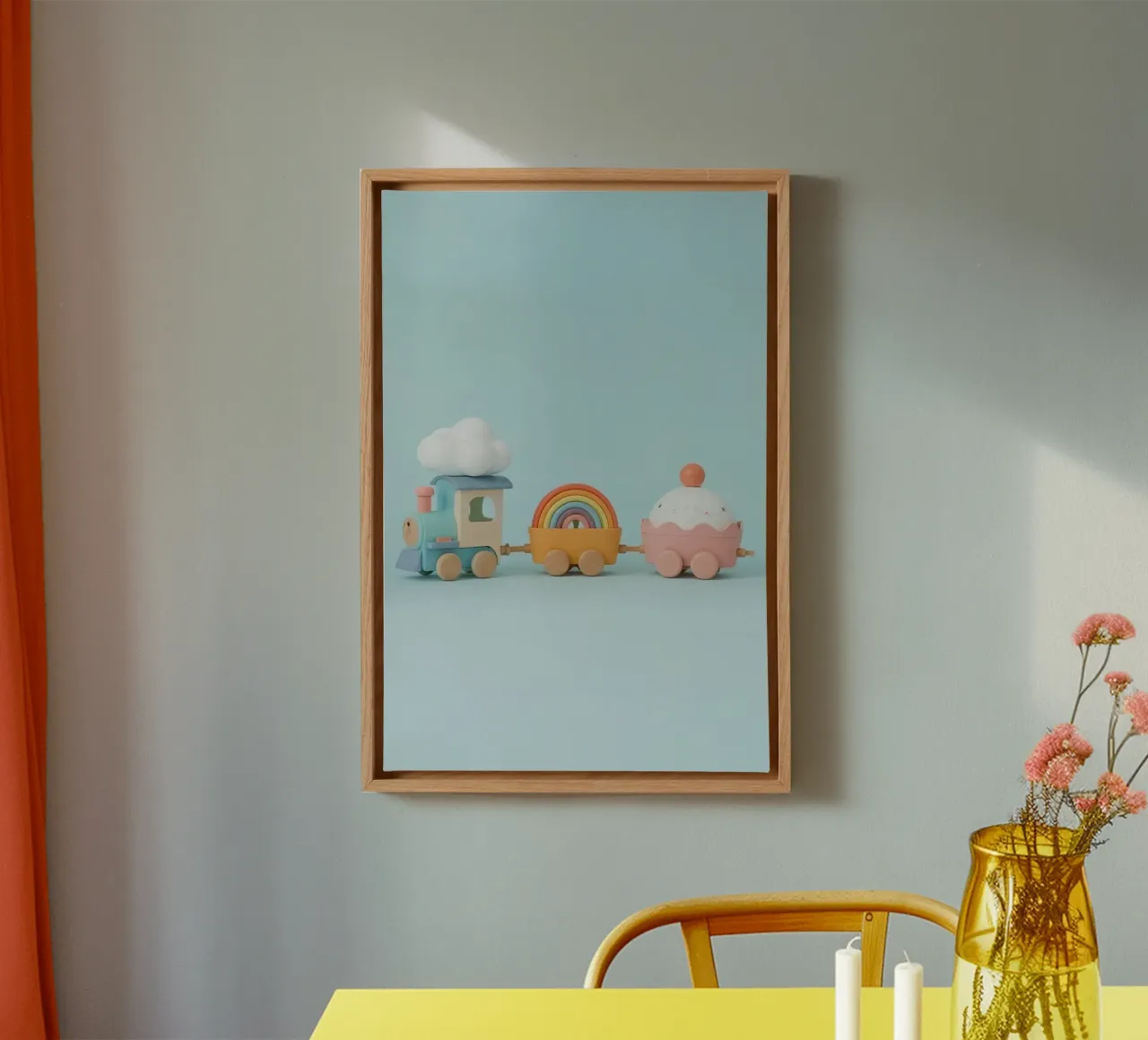 Simpatico trenino di legno con nuvola arcobaleno e macchinine cupcake tela con Cornice a cassetta da DesignDoodle