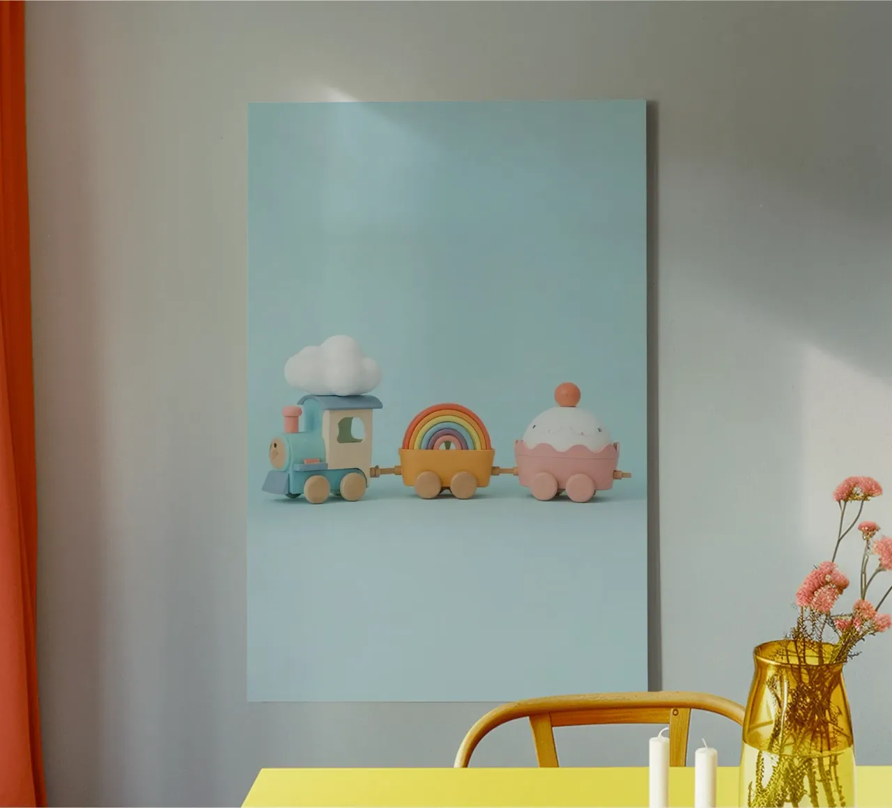 Simpatico trenino di legno con nuvola arcobaleno e macchinine cupcake tela con Cornice a cassetta da DesignDoodle