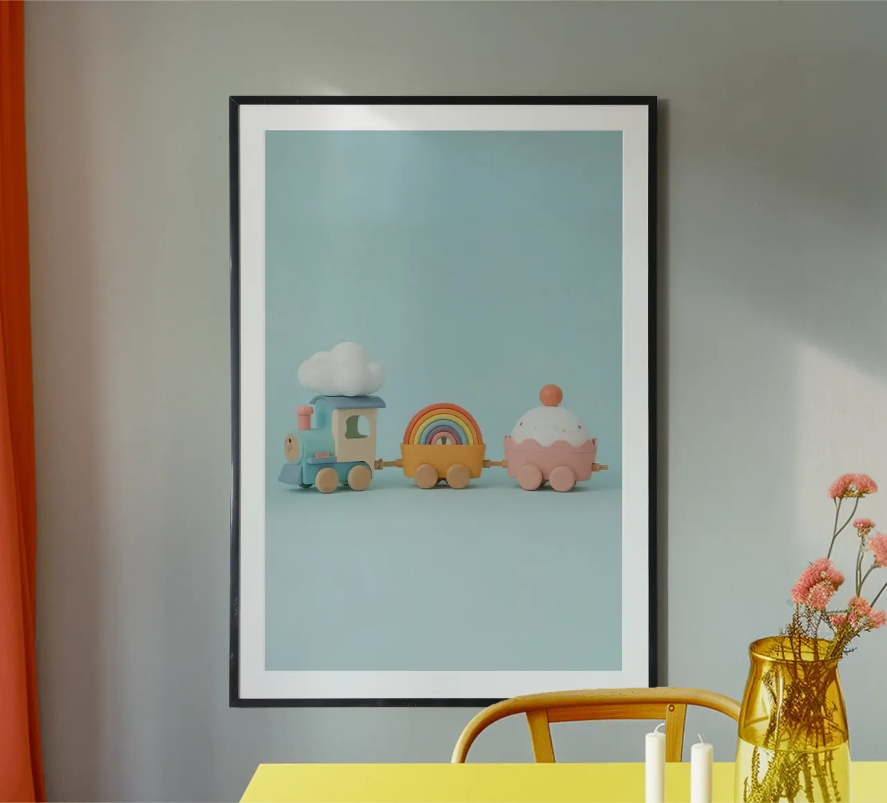 Simpatico trenino di legno con nuvola arcobaleno e macchinine cupcake poster da DesignDoodle