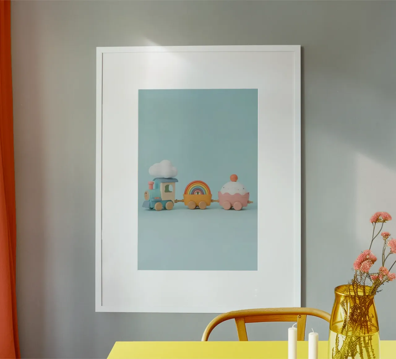 Simpatico trenino di legno con nuvola arcobaleno e macchinine cupcake poster da DesignDoodle