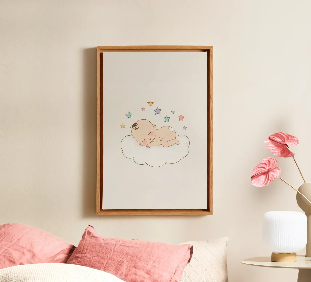 Lindo bebé durmiendo en una nube con estrellas lienzo con Marco flotante de DesignDoodle