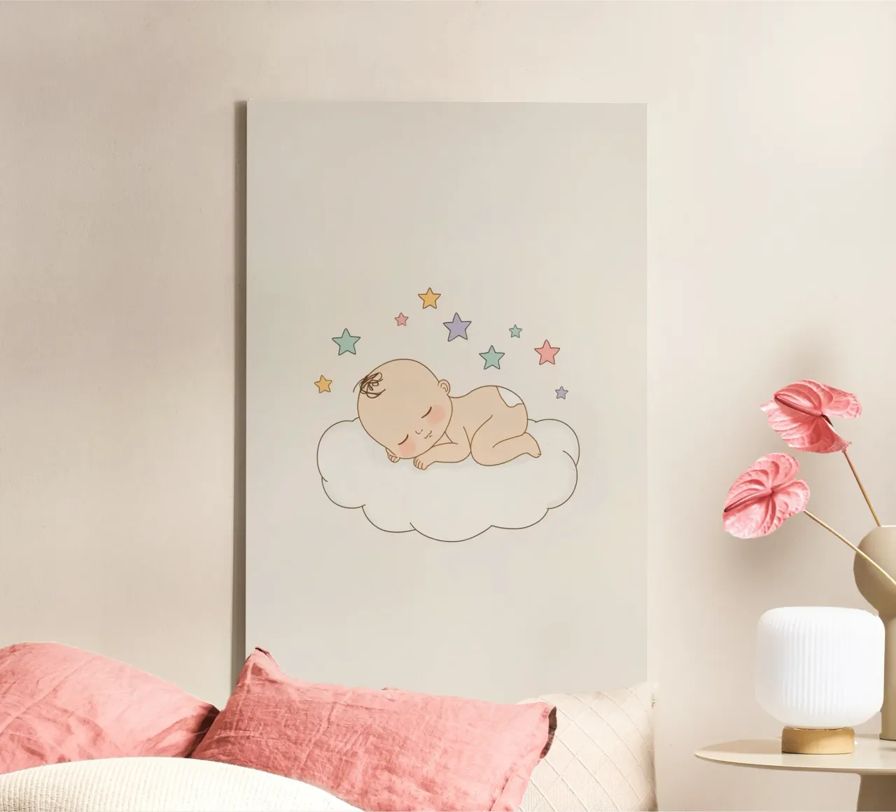 Lindo bebé durmiendo en una nube con estrellas lienzo con Marco flotante de DesignDoodle