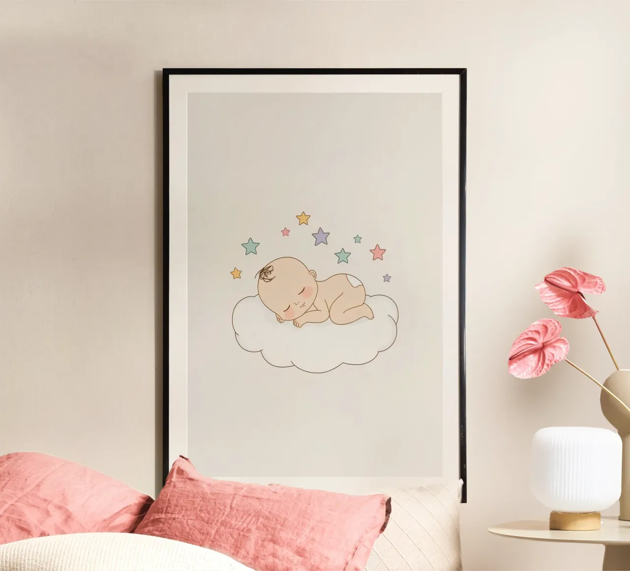 Bambino carino che dorme su una nuvola con le stelle poster con telaio in alluminio da DesignDoodle