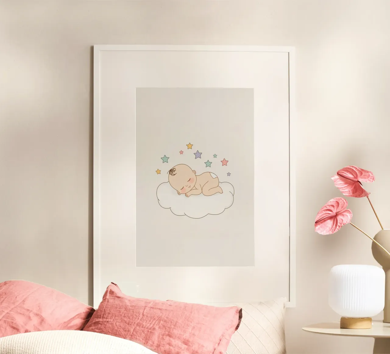 Bambino carino che dorme su una nuvola con le stelle poster con telaio in alluminio da DesignDoodle