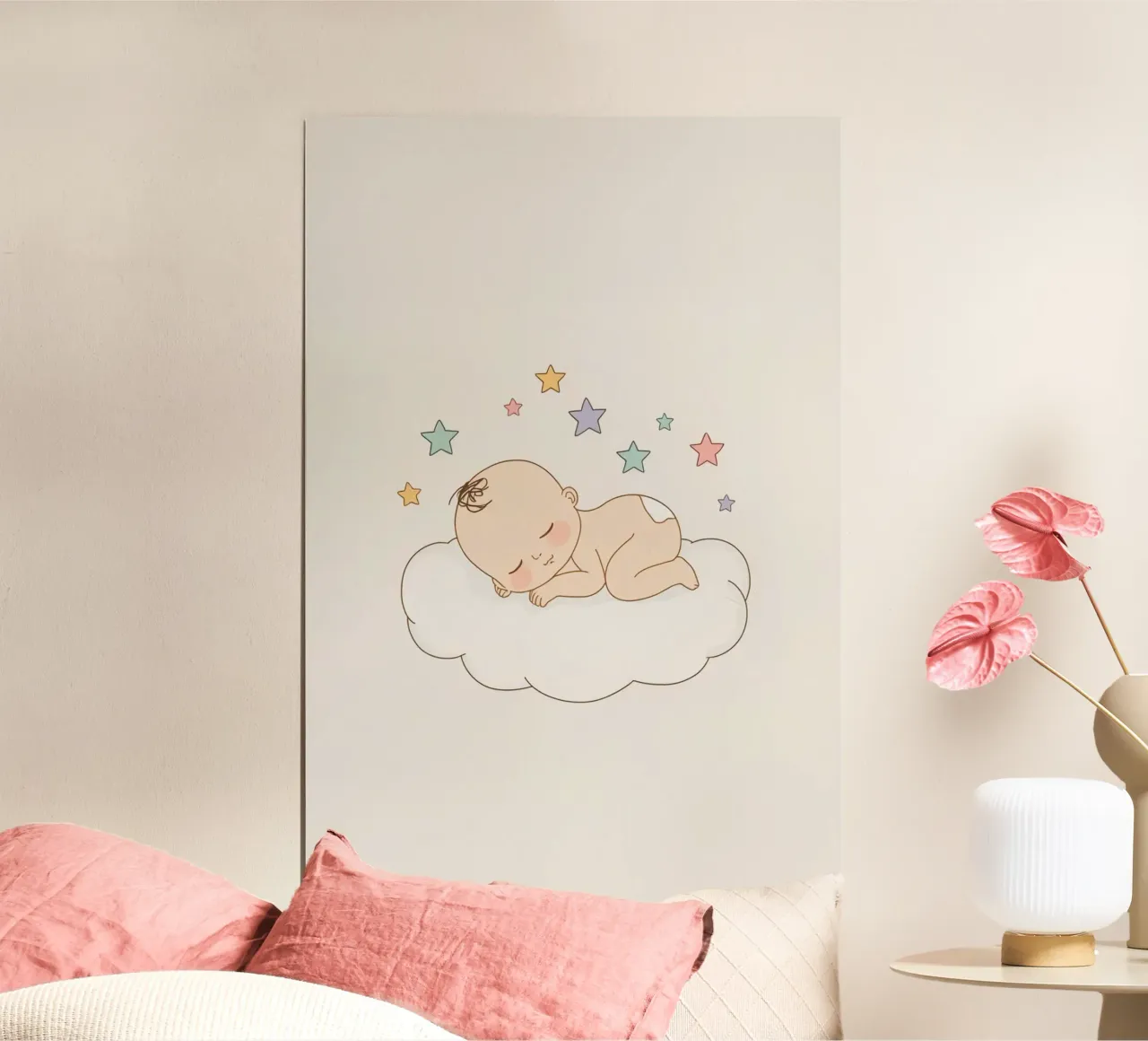 Bambino carino che dorme su una nuvola con le stelle poster con telaio in alluminio da DesignDoodle