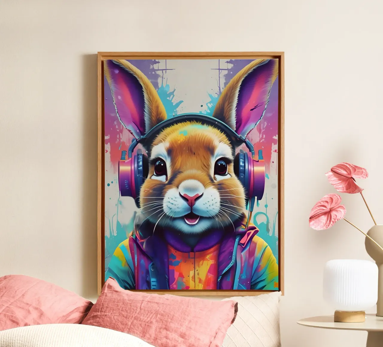 Rabbit music vibrant art canvas with Floater frame by MakArena