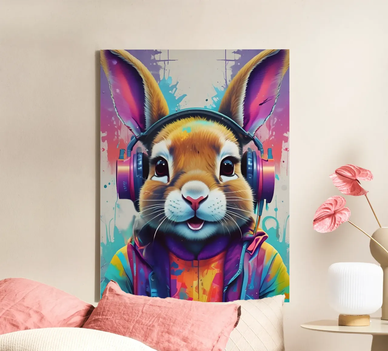Rabbit music vibrant art canvas with Floater frame by MakArena