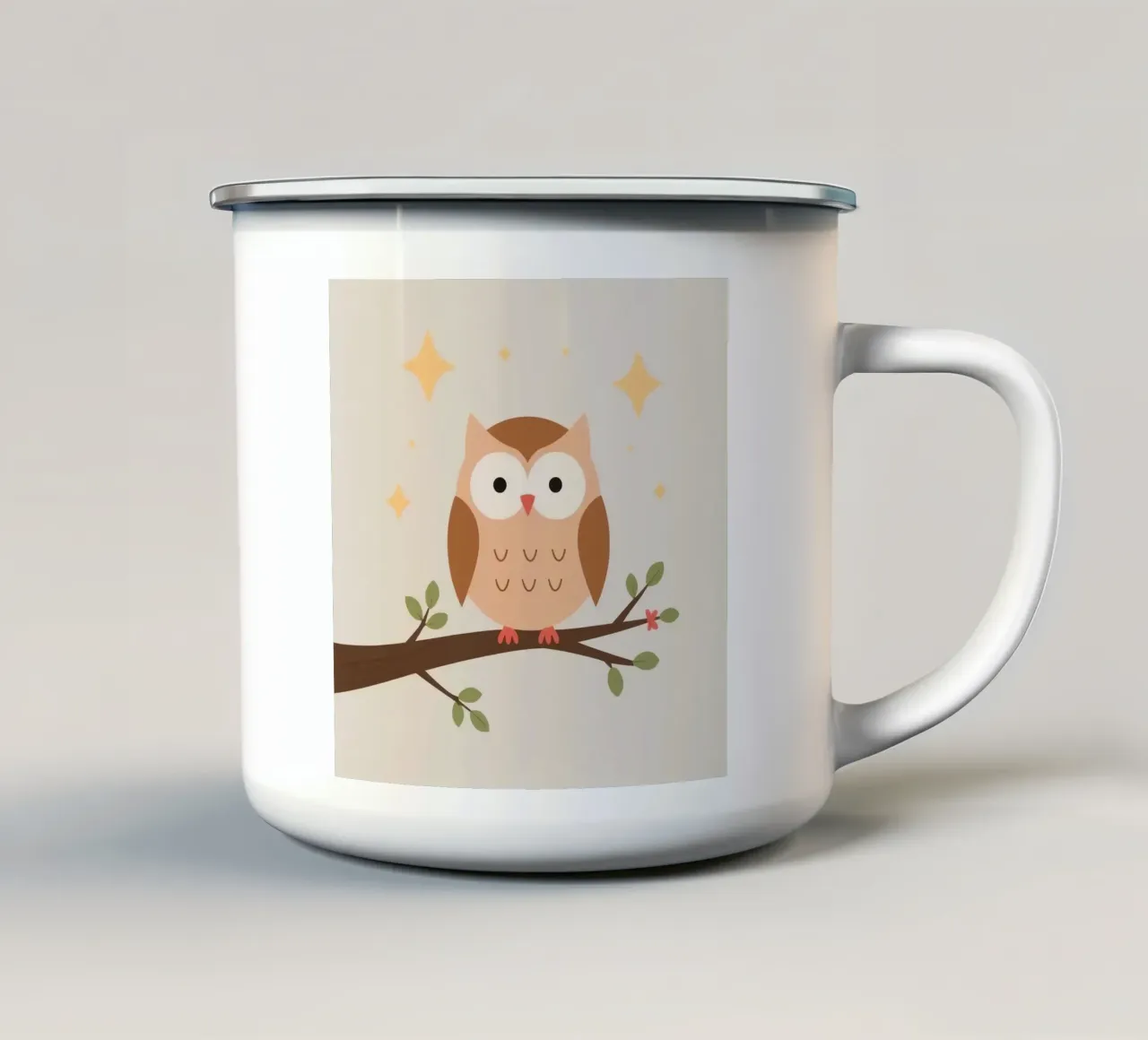 Simpatico gufo stilizzato su ramo con stelle tazza in smalto da DesignDoodle