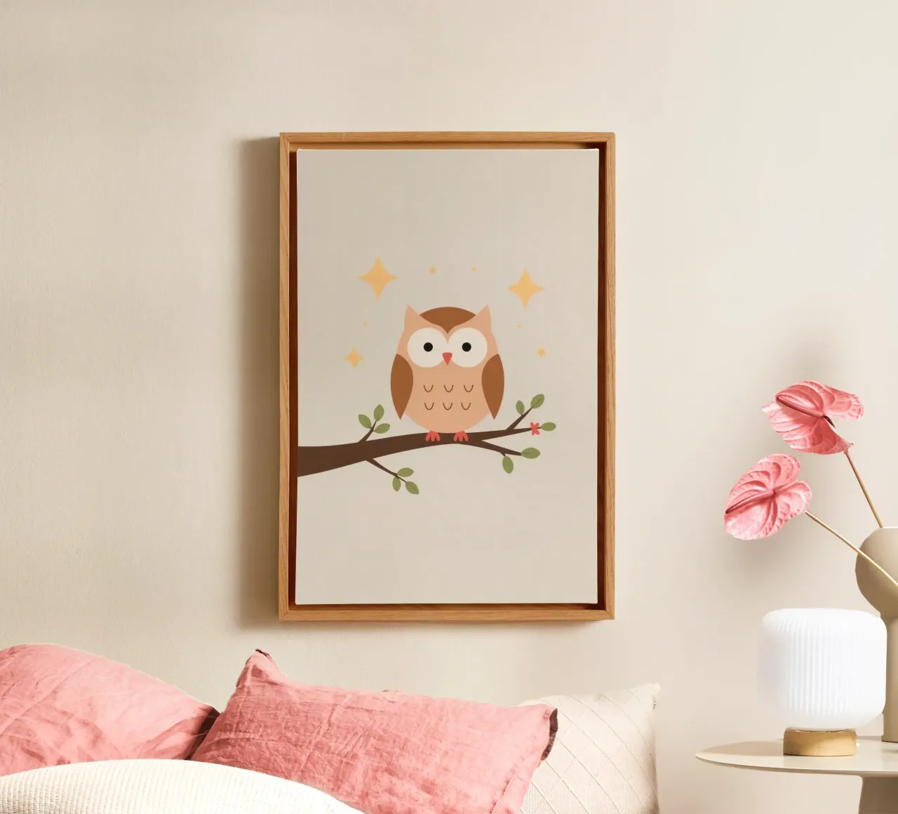 Niedliche stilisierte Eule auf Ast mit Sternen Leinwand mit Schattenfugenrahmen von DesignDoodle