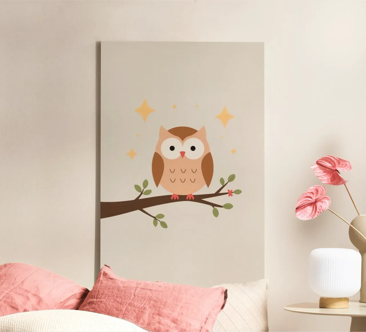 Niedliche stilisierte Eule auf Ast mit Sternen Leinwand mit Schattenfugenrahmen von DesignDoodle