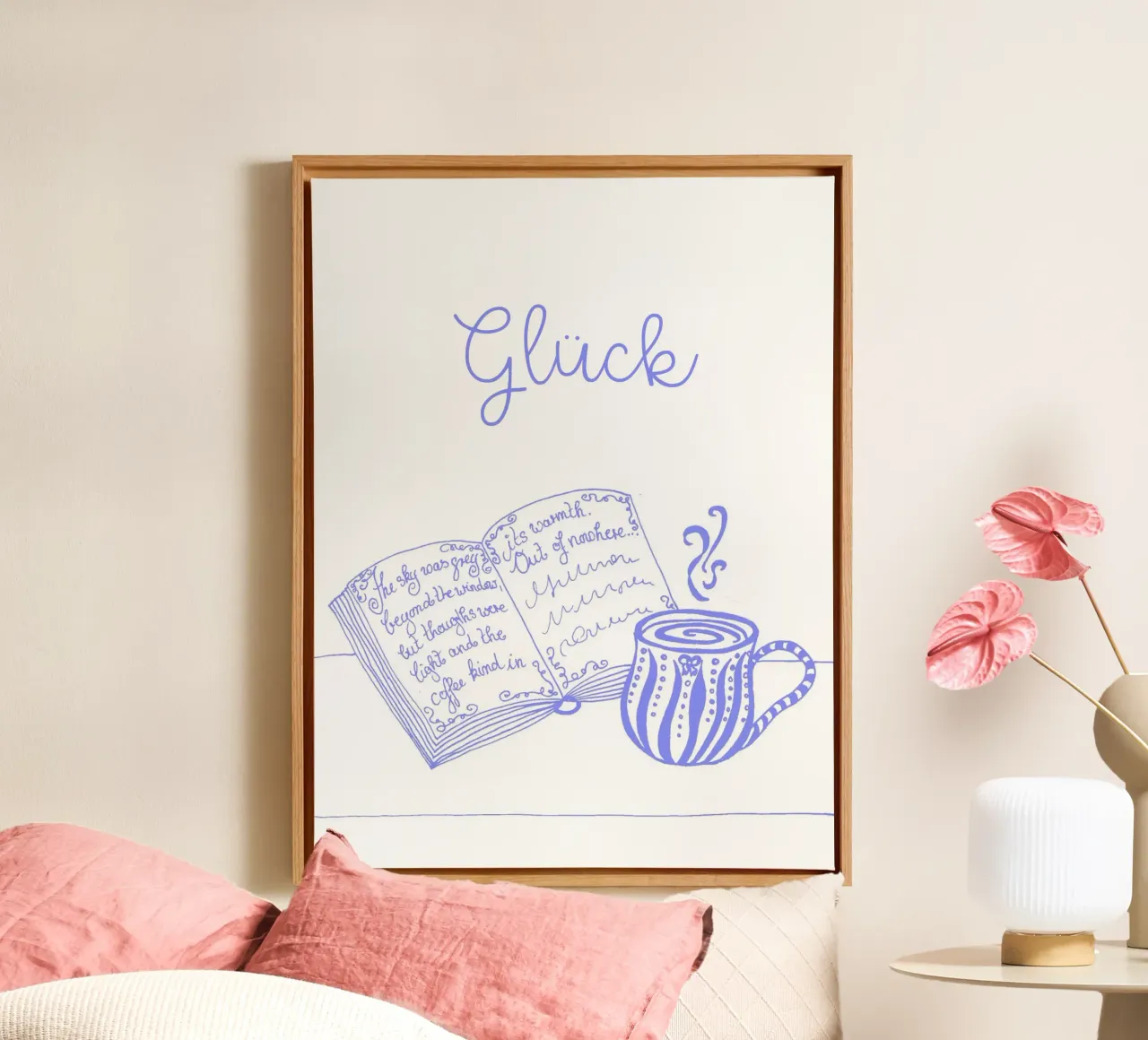 Felicità - libro e tazza (blu-viola) tela con Cornice a cassetta da PaperLine Art