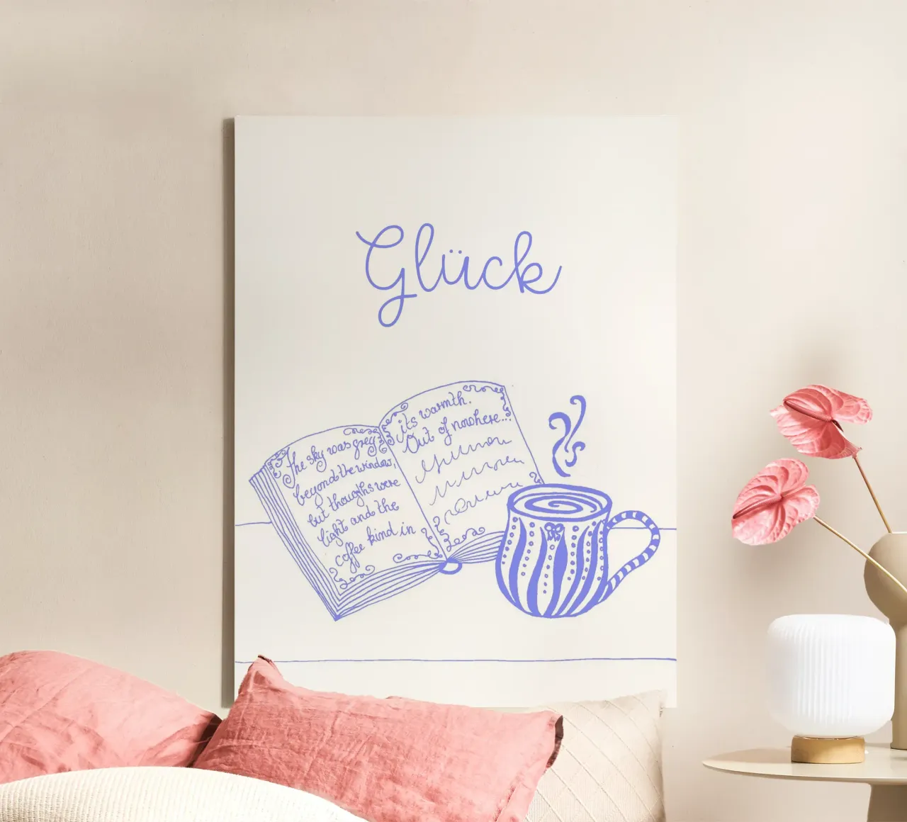 Felicità - libro e tazza (blu-viola) tela con Cornice a cassetta da PaperLine Art