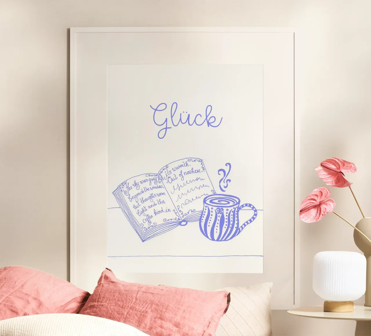 Felicità - libro e tazza (blu-viola) poster con telaio in plastica da PaperLine Art