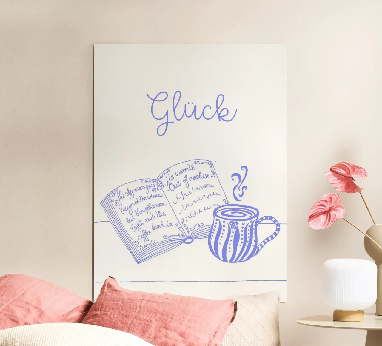 Felicità - libro e tazza (blu-viola) poster con telaio in plastica da PaperLine Art