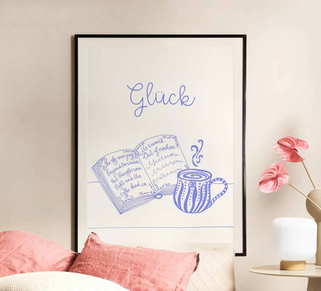 Felicità - libro e tazza (blu-viola) poster con telaio in plastica da PaperLine Art