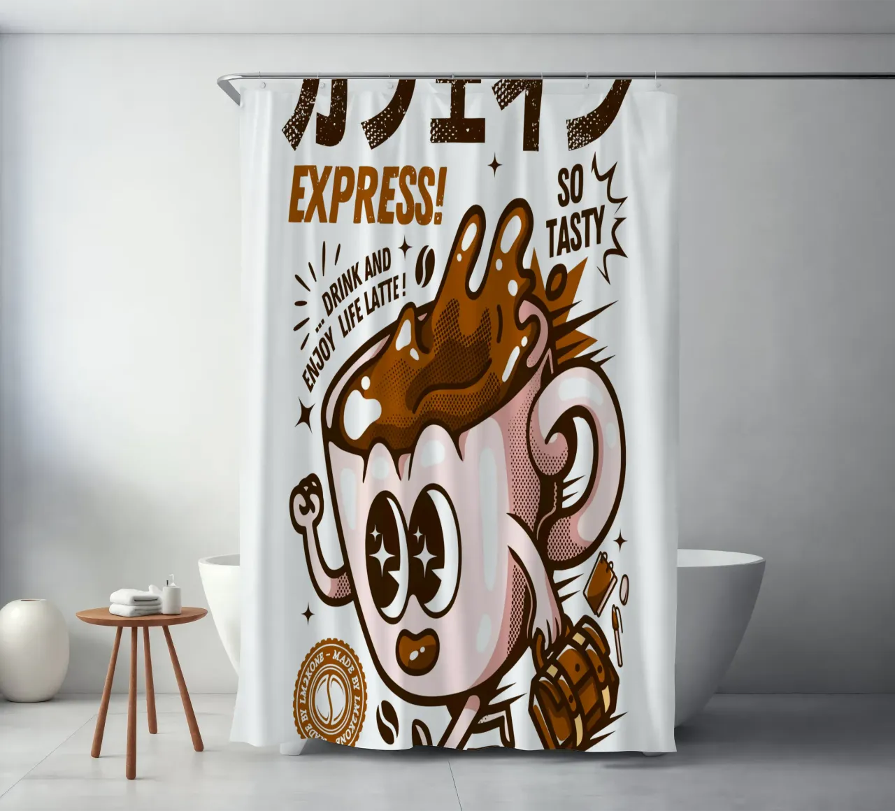 Funny Caffeine Express shower curtain by LM2KONE