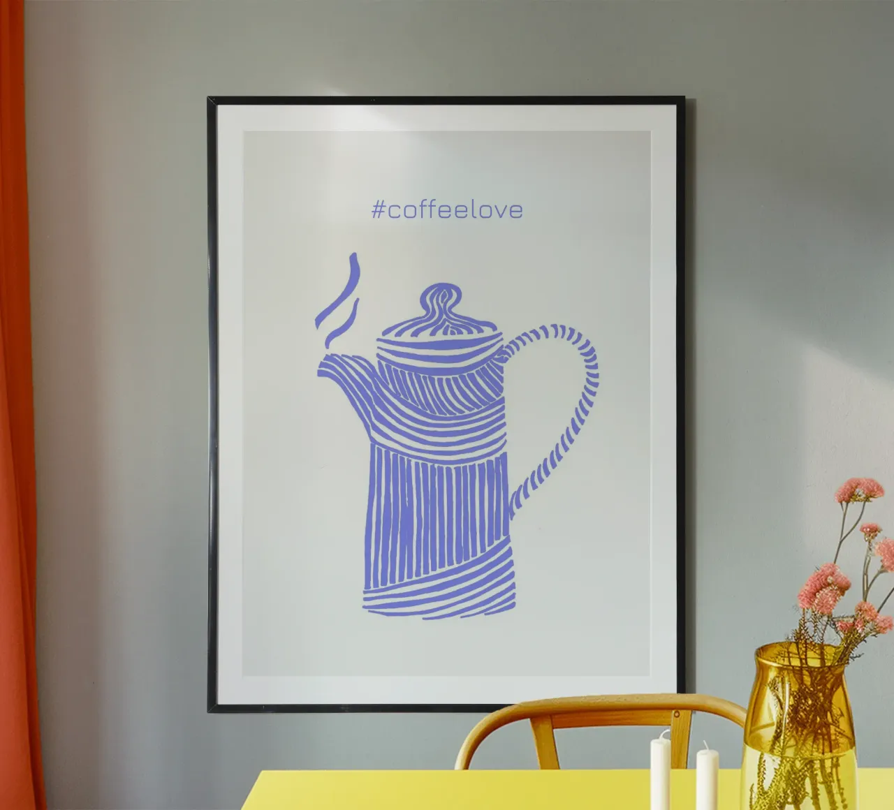 Coffeelove - Caffettiera in blu viola poster con telaio in plastica da PaperLine Art