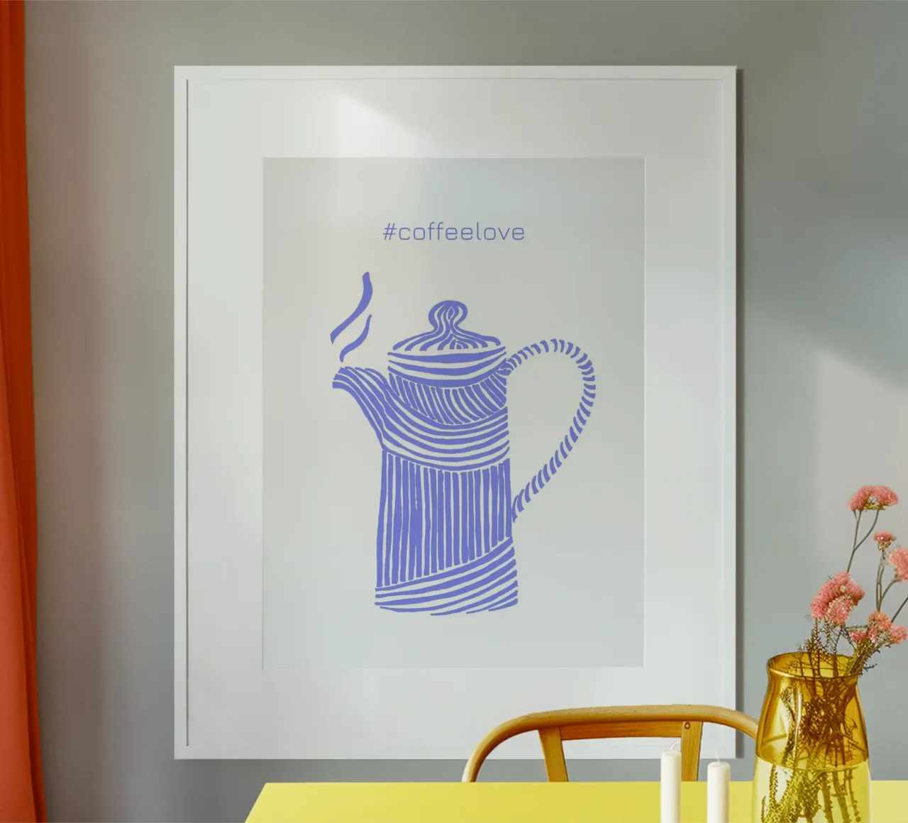 Coffeelove - Caffettiera in blu viola poster con telaio in plastica da PaperLine Art