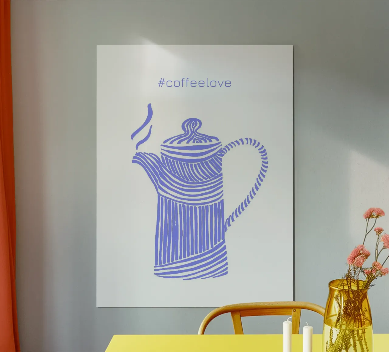 Coffeelove - Caffettiera in blu viola poster con telaio in plastica da PaperLine Art