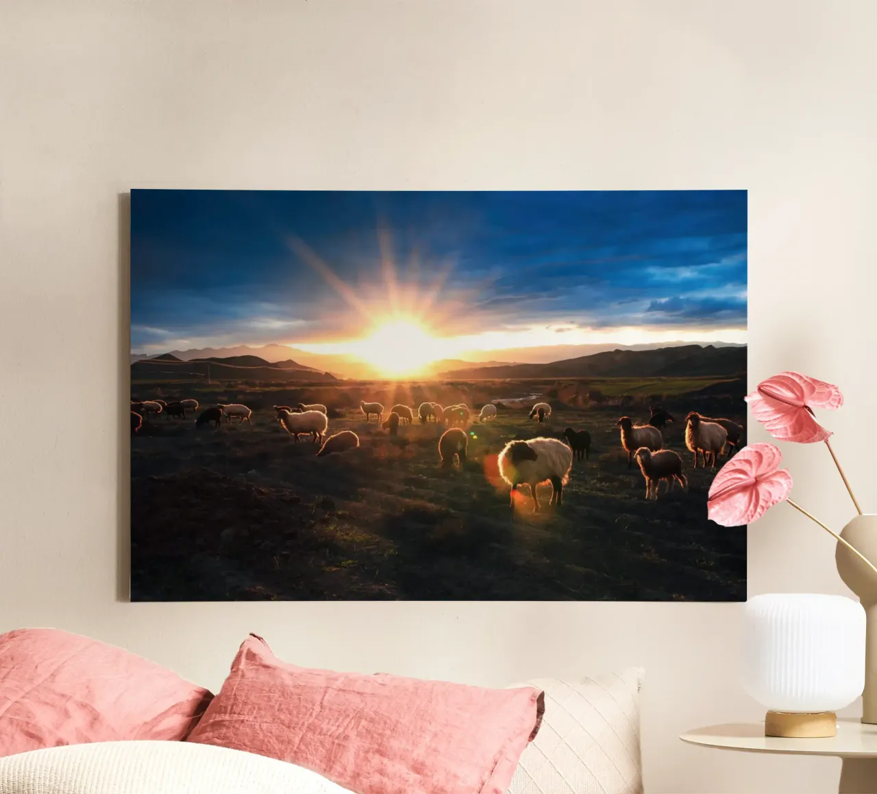 Die friedliche Schar in Sunse Leinwand mit Schattenfugenrahmen von Nature's Palette
