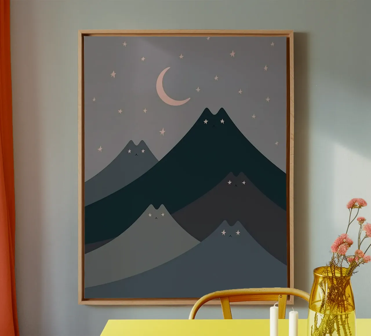 cat shape mountain wave in moonight canvas with Floater frame by melts
