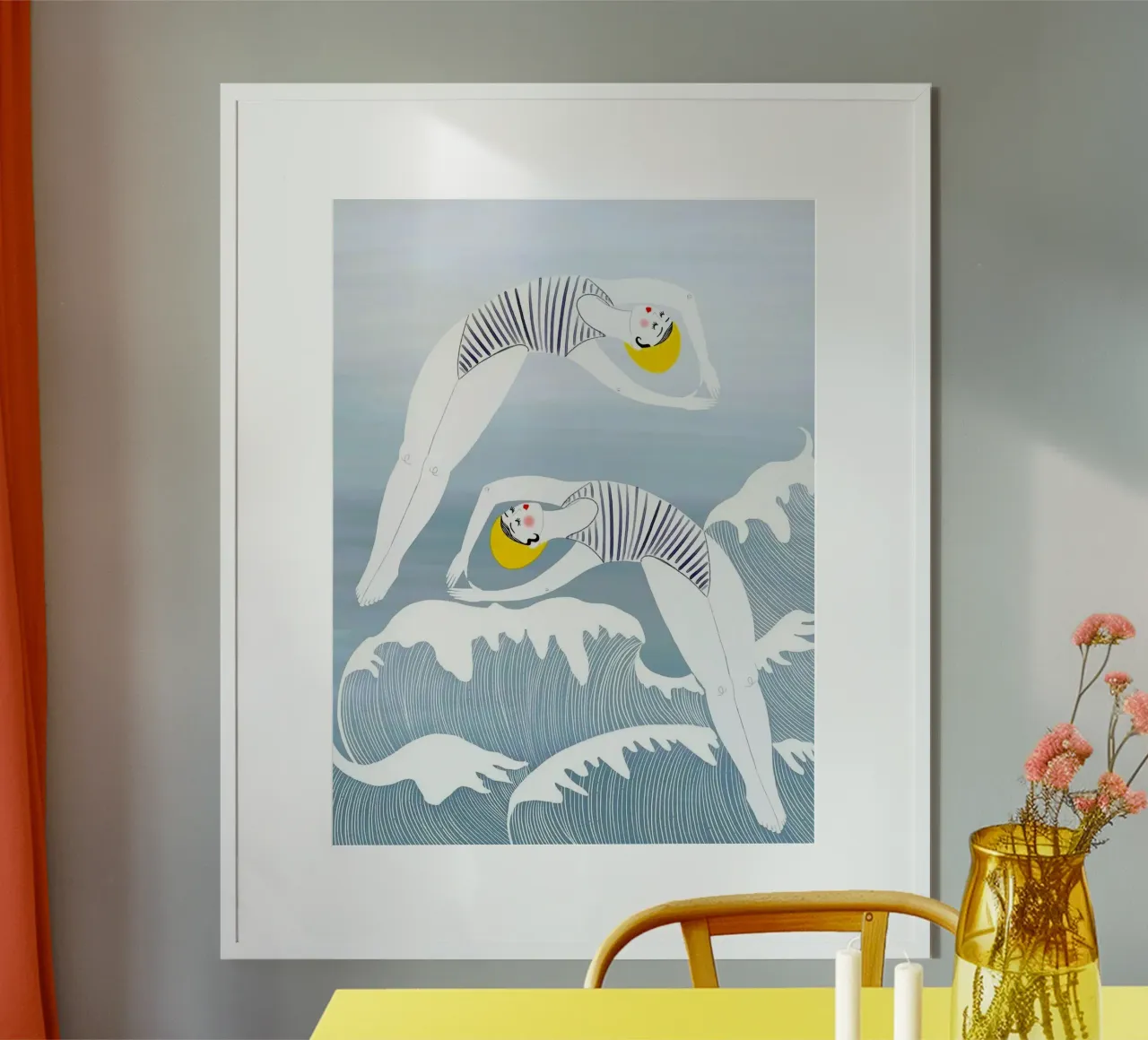 girl jump through waves poster con telaio in legno da hamily