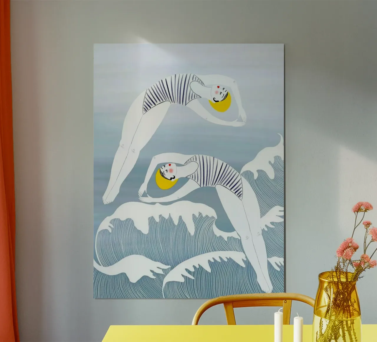 girl jump through waves poster con telaio in legno da hamily