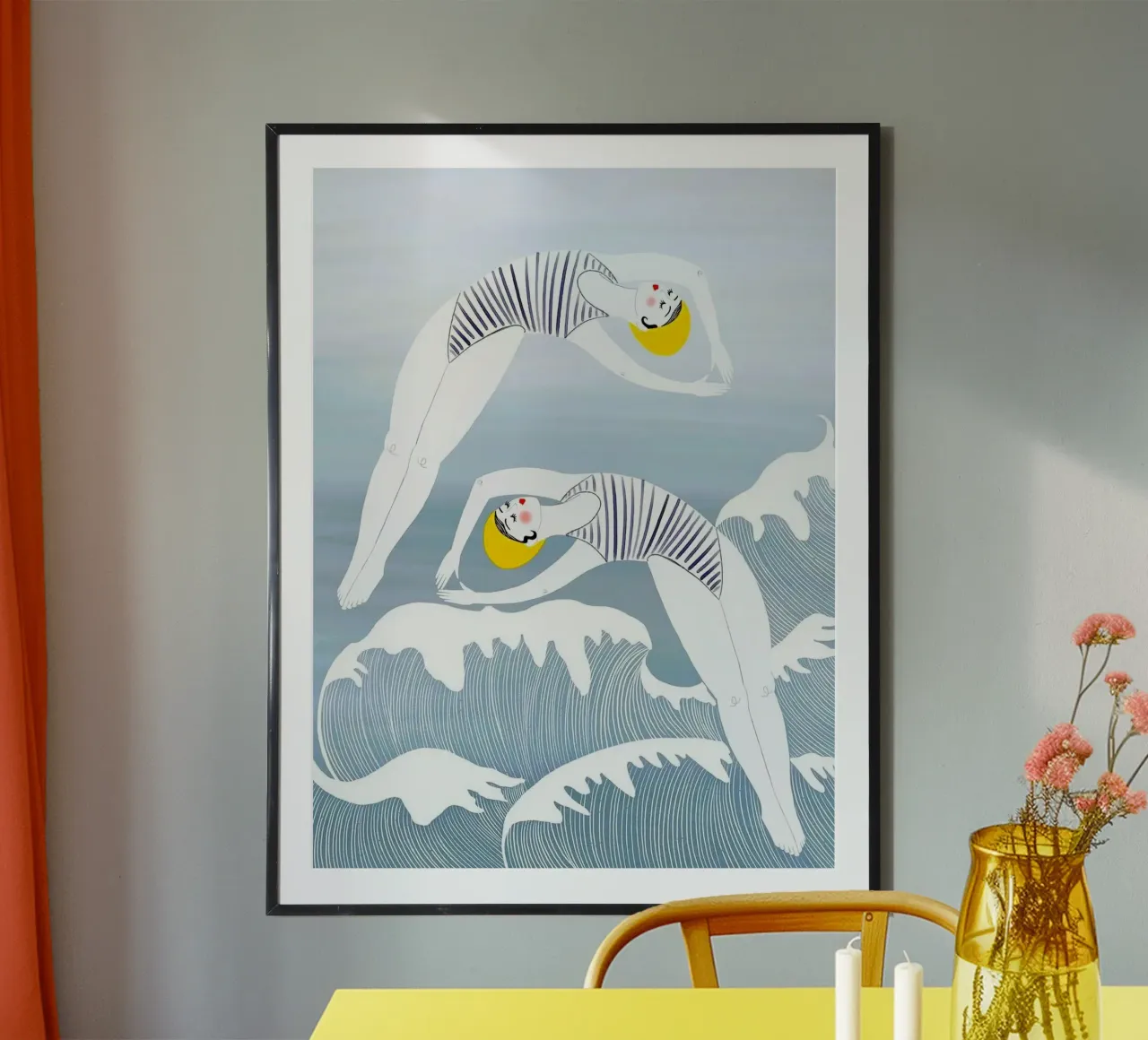 girl jump through waves poster con telaio in legno da hamily