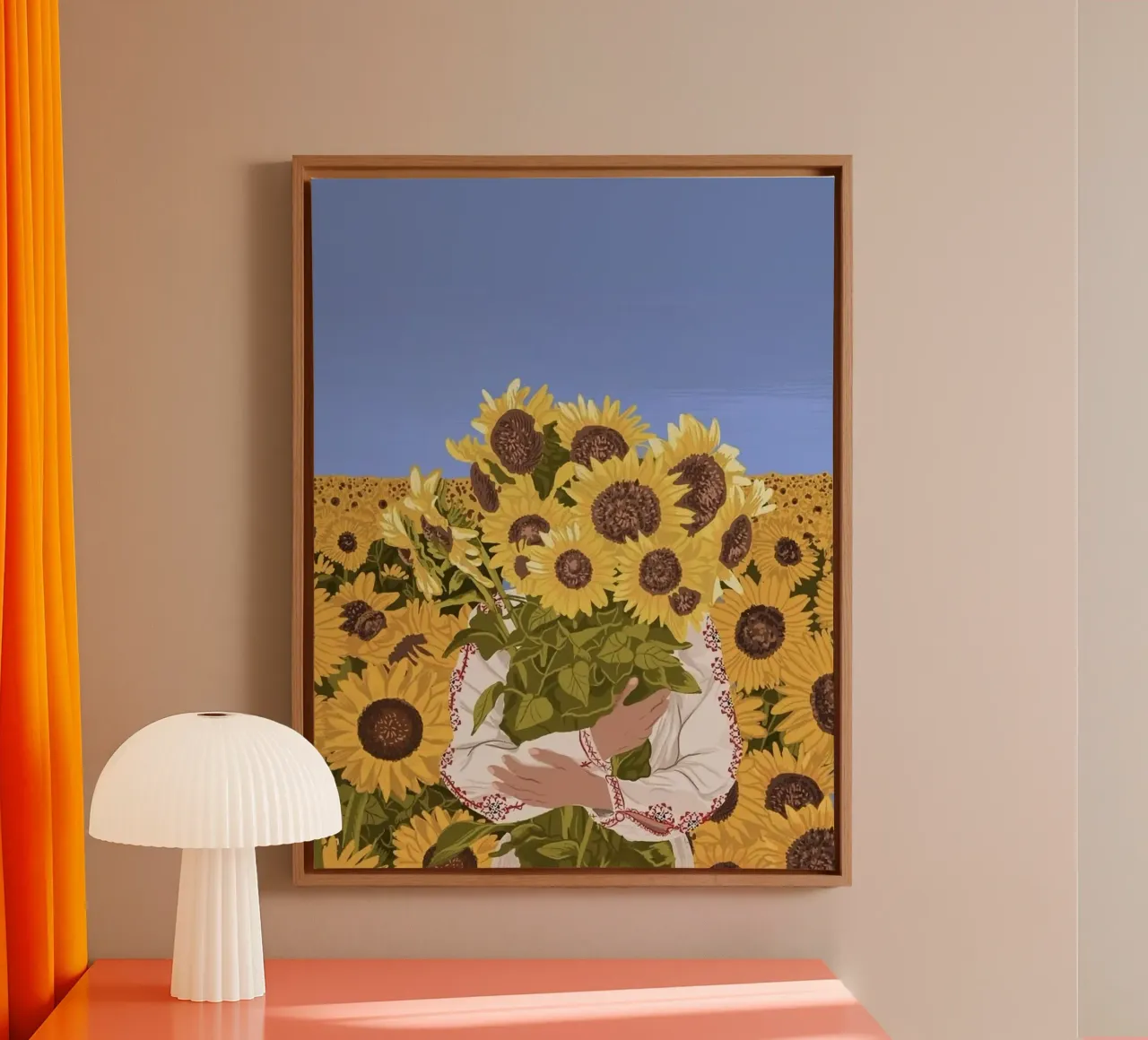 cat hold flower in sunflower forest canvas with Floater frame by melts