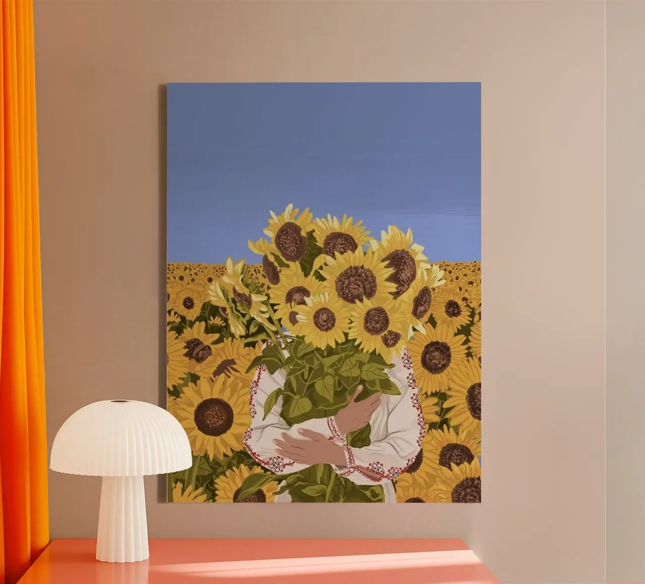 cat hold flower in sunflower forest canvas with Floater frame by melts