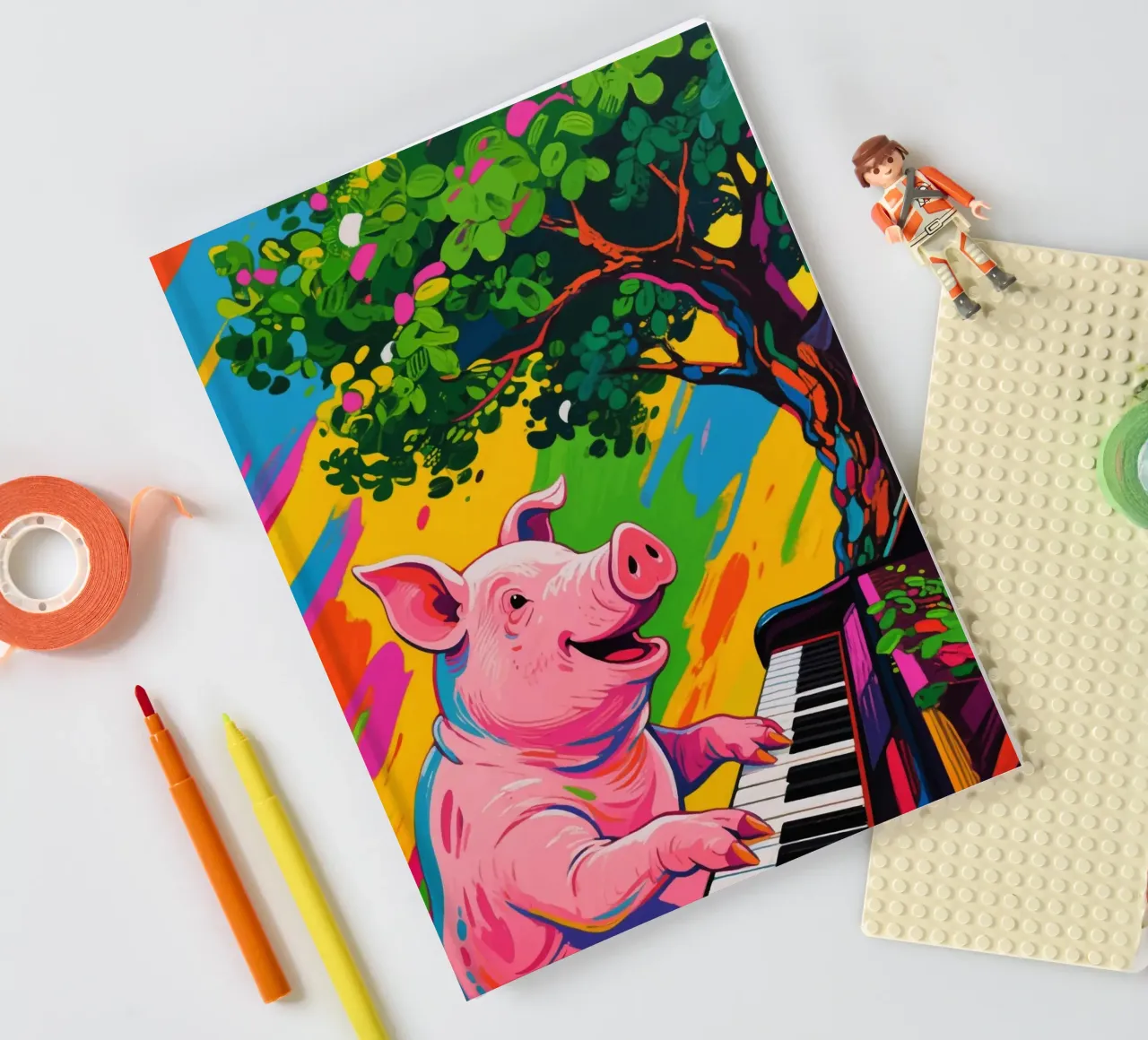 pig playing piano under the tree notebook by knowledge