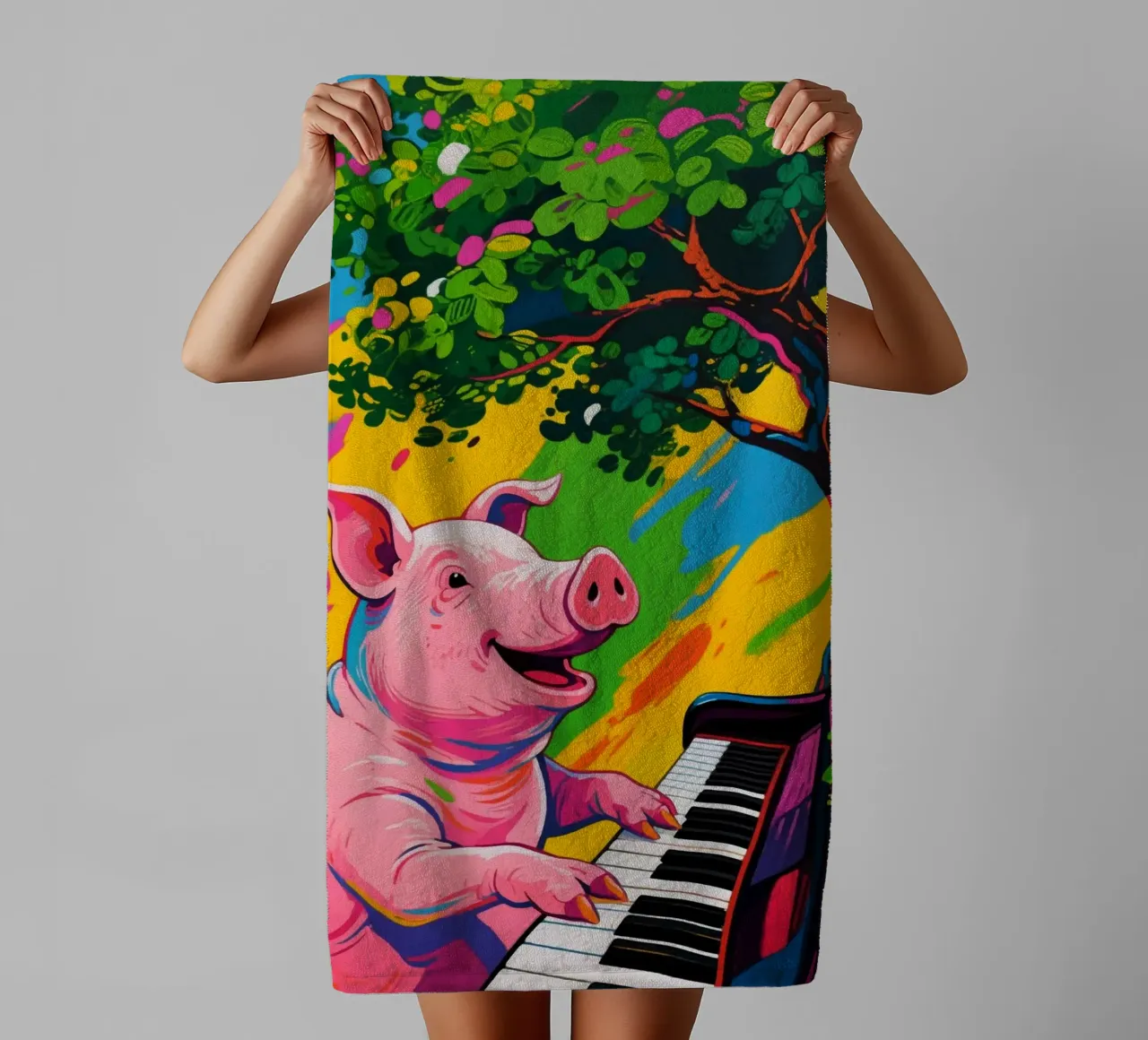 pig playing piano under the tree towel by knowledge