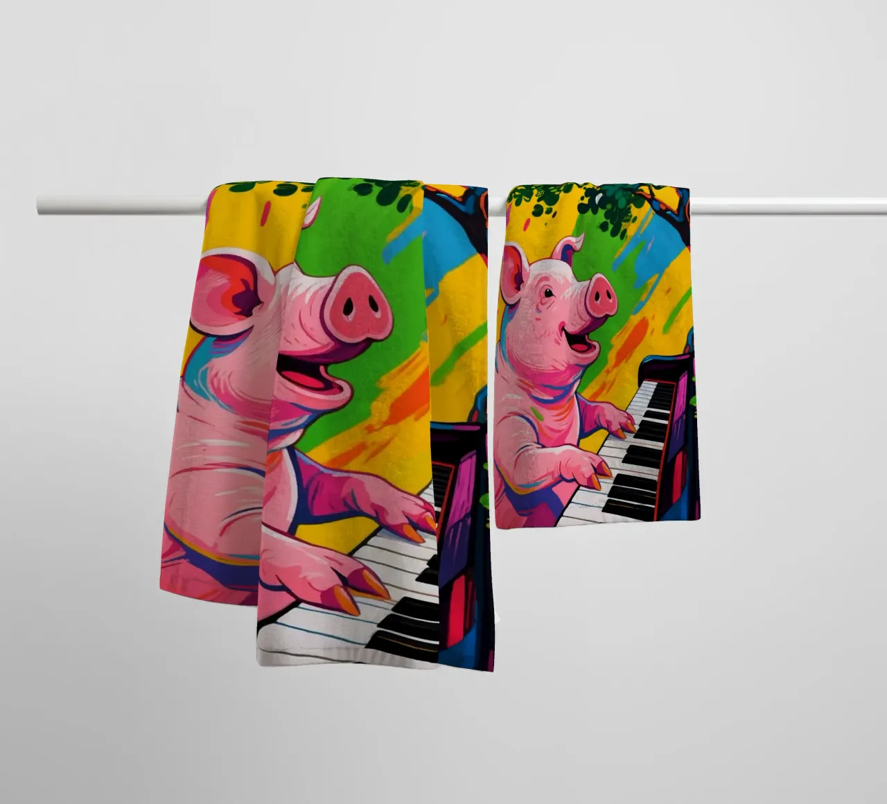 pig playing piano under the tree towel by knowledge