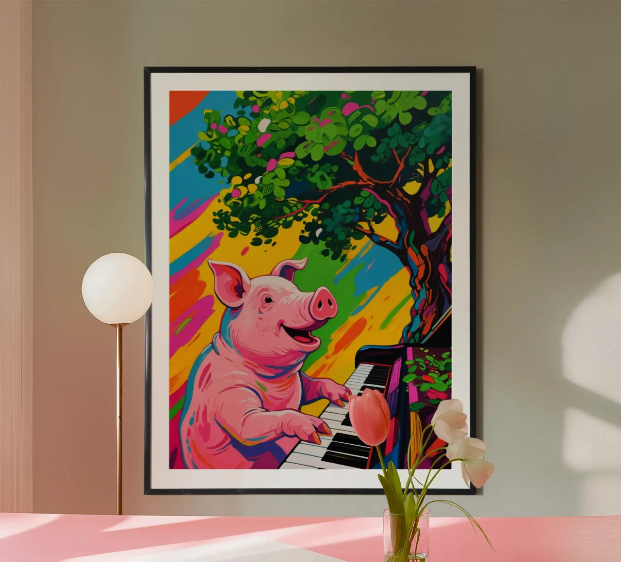 maiale che suona il piano sotto l'albero poster da knowledge